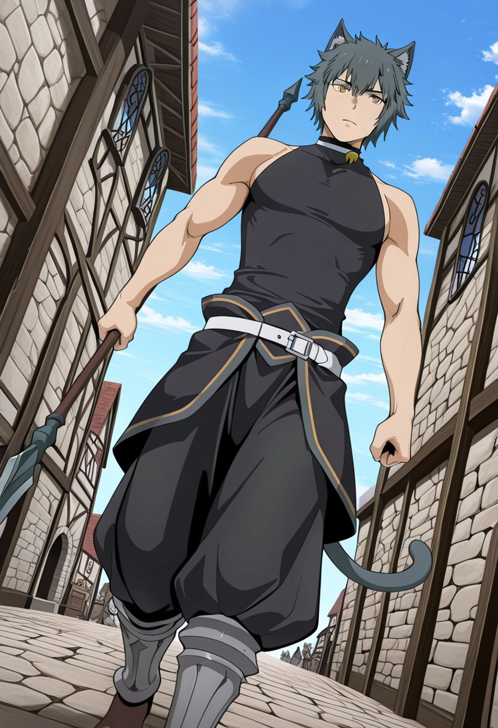 Anime, 1male, solo male focus, Allen Fromel, dark gray hair, cat ears, yellow cat slit eyes, black sleeveless turtleneck shirt, white neck bell collar, white belt, black hip kilt, black baggy pants, greaves armor, brown shoes, cat tail, (long spear weapon, holding spear: 1), walking forward, expressionless, view from below, blue sky, fantasy medieval town, tilted shot, dutch angle, (tall body, tall height: 1), (perfect eyes: 1)