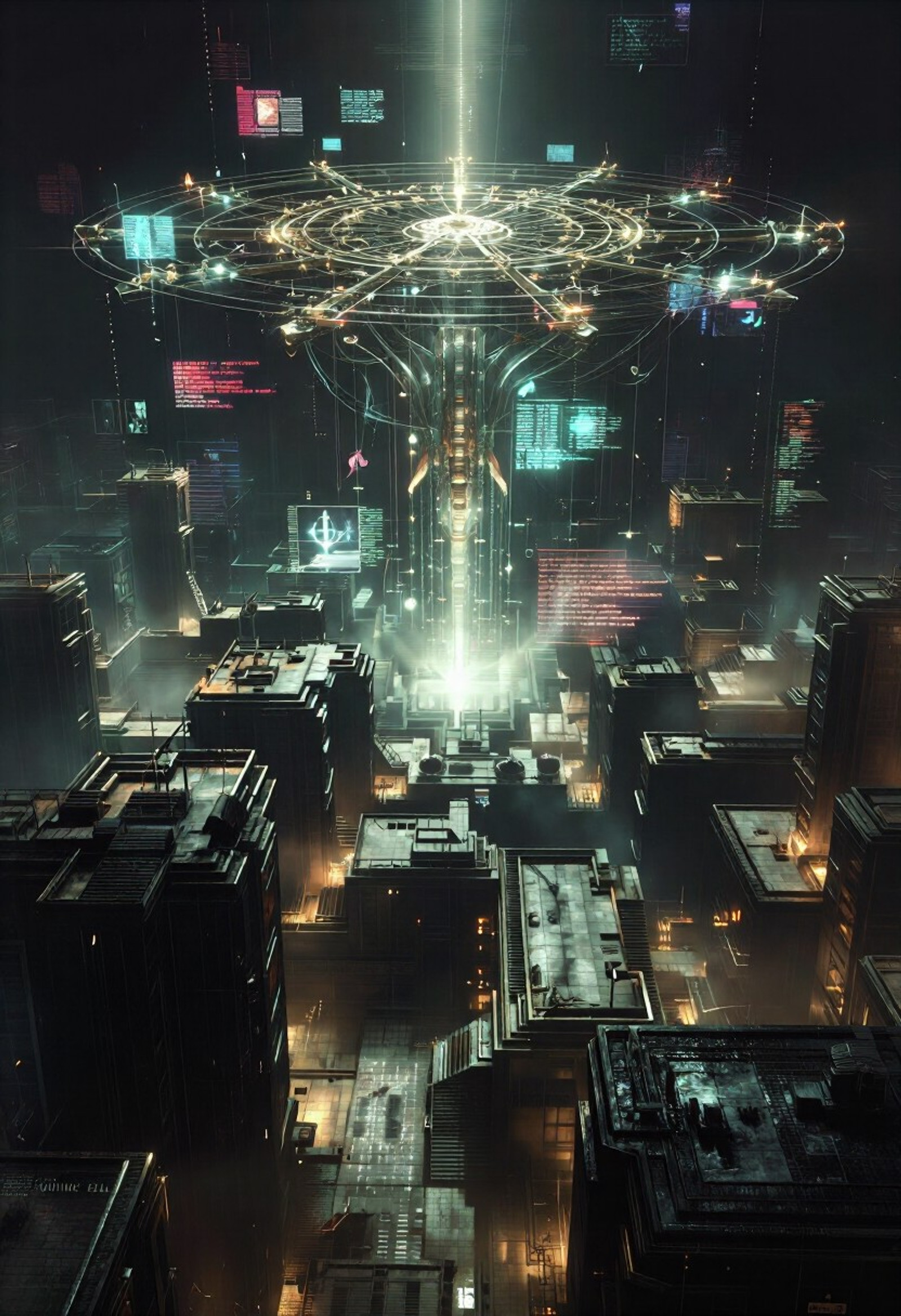 A vast, cinematic rooftop scene unfolds above a desolated megacity lost beneath perpetual darkness and electronic decay. The environment is rendered in a striking fusion of photorealistic surrealism, dystopian science fiction, glitch aesthetics, and painterly matte painting techniques. Towering skeletal structures disappear into layers of volumetric fog, their silhouettes fragmented by corrupted holographic projections and unstable geometry. Entire sections of the metropolis seem mathematically impossible—non-Euclidean architecture folding into itself, stairways leading nowhere, buildings intersecting at irrational angles as though reality itself has become damaged data.
At the center of the rooftop hovers a colossal biomechanical dreamcatcher-like construct, suspended by thick luminous threads stretching upward into the clouds and downward into unseen depths below. The structure appears partially organic and partially machine: metallic vertebrae, tangled cables, skeletal rings, and translucent membranes woven together into a ritualistic mechanism. Within its circular framework drift thousands of faint spectral forms—the harvested remnants of lost souls—caught like fragments of memory inside glowing strands of light. Some faces briefly emerge from static before dissolving again into noise.
Around the construct, floating glitch-distorted frames flicker in and out of existence like corrupted windows into forgotten realities. Fragments of distorted text, unreadable warnings, fragmented broadcasts, and broken symbols bleed across the air in unstable overlays. Scan lines ripple subtly through the composition, while chromatic aberration separates edges into faint cyan and crimson halos. Static interference crawls through shadowed regions, giving the scene the oppressive feeling of analog horror and technological collapse.
The lighting is intensely cinematic and expressionistic. Limited neon colors—cold turquoise, toxic magenta, dim amber, and electric violet—cut sharply through overwhelming darkness, creating selective bright accents against deep shadow. Long shadows stretch unnaturally across the rooftop, while shafts of light pierce drifting haze and industrial smoke. Reflections shimmer faintly on wet metal surfaces, softened by glow and atmospheric diffusion.
Despite the immense scale and surreal complexity, the mood remains deeply melancholic and emotionally charged rather than chaotic. The city feels abandoned not merely physically, but spiritually—as though memory, identity, and meaning have been slowly extracted from it over centuries. The composition balances awe and dread, combining layered depth, painterly textures, glitch corruption, and cinematic storytelling into an extraordinary, dreamlike vision of a dying reality suspended between technology and the supernatural.
best quality, high resolution, emotional visal narrative, intricate detail, poetic, very aesthetic, expressive, mesmerizing, award-winning visual beauty, incredibly aesthetically pleasing masterpiece, precision, ultra detailed, intricate, visual storytelling, creative, dreamlike,