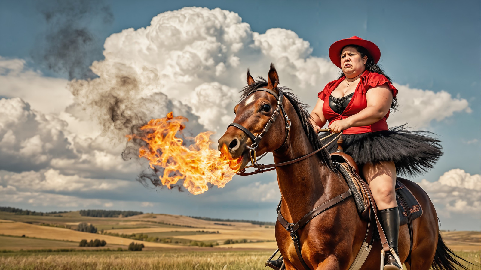 a disgusted plump mature Canadian woman, wearing ballerina costume, riding a fire-breathing horse in a prairie landscape, mammatocumulus clouds