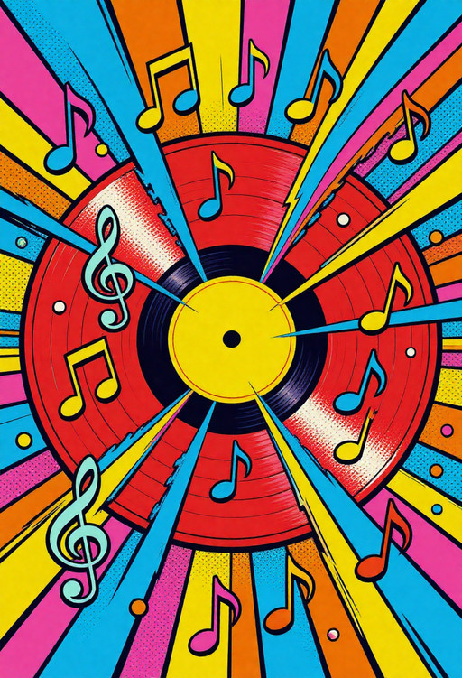 , pop art bold halftones, Huge glowing red vinyl record exploding into rainbow-colored musical notes and sound waves, pure pop art composition, Roy Lichtenstein meets Peter Max, intense psychedelic orange-pink-cyan palette, thick black contour lines, dramatic Ben-Day dot shading, retro-futuristic 60s vibe