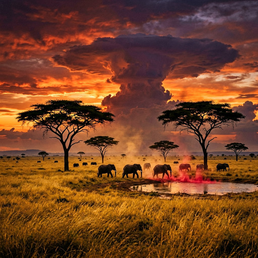 A spectacular sunset across the vast African savanna, bathing the endless golden grasslands in an incredibly rich, warm light. The sky is a dramatic display of fiery red, burnt orange, and deep violet, with massive towering anvil-shaped clouds stacked impressively on the horizon. Iconic flat-topped acacia trees stand as striking dark silhouettes against the brilliant, glowing backdrop. A distant herd of elephants is silhouetted as they walk slowly towards a watering hole, kicking up a faint trail of illuminated red dust. The atmosphere feels thick with heat and tranquil beauty, capturing the raw essence of the wild. Photorealistic, cinematic, majestic wildlife, breathtaking scenery, ultra-detailed, vivid color palette, masterpiece.