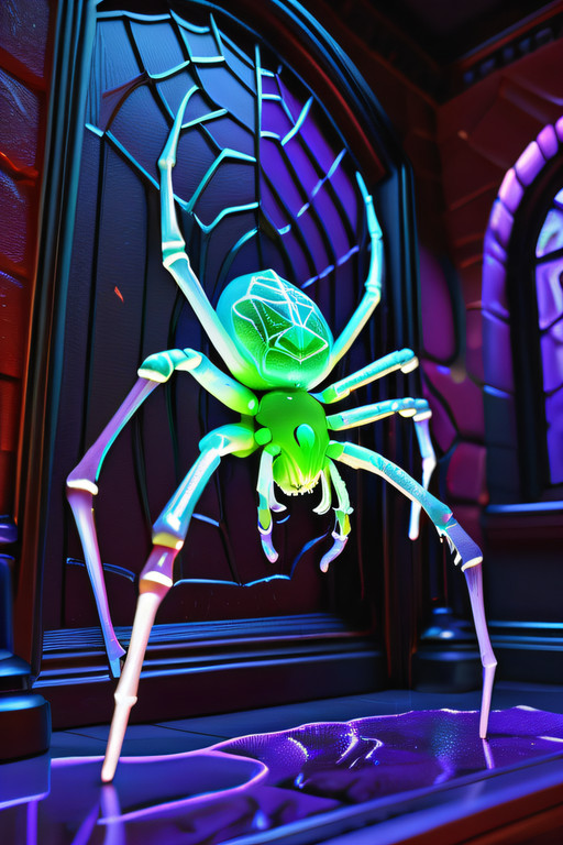 a Recluse Spider slime morph, sl1m3d, blacklight, fluorescent colors, interior castle foyer, slimed spiderweb, humorous, photo realism