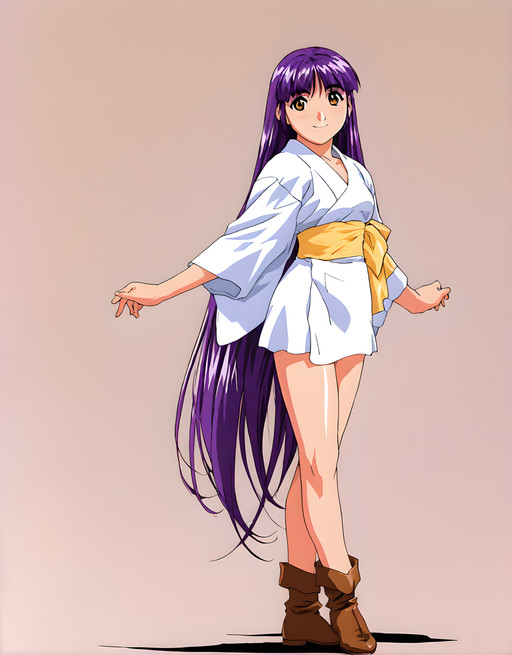 <lora:illustrious_XL_mÄra & midou_h13a:0.9>,midou,masterpiece,best quality,good quality,1girl,solo,no hair_ribbon,hair_down,straight_hair,white short_kimono,long sleeves,yellow obi,thigh,brown ankle_boots,smile,standing,white_background,full body,