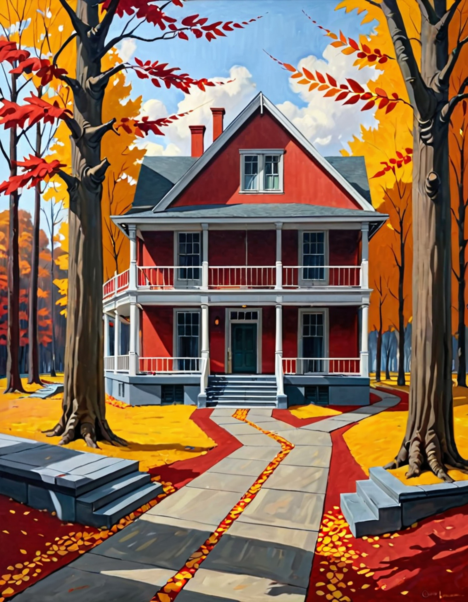 A scenic hiking trail in the heart of autumn, bordered by trees in brilliant shades of red, orange, and yellow. Leaves scattered on the ground, with a crisp, fresh atmosphere, High quality, best quality, masterpiece, muted tones, desaturated colors, strong geometric architecture, loneliness, quiet introspection, stillness, melancholic atmosphere, 1940s American realism, mid-century architecture, vintage clothing styles,  oil painting texture, canvas brush strokes, in the style of an Edward Hopper painting