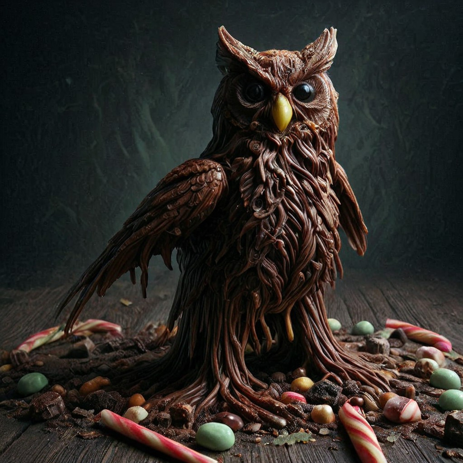 Stable_Yogis_PDXL_Positives, h0rr0rstyl3, masterpiece, best quality, amazing quality, very aesthetic, high resolution, ultra-detailed, absurdres, newest, eerie, stygical, gloomy, decay, haunting evil owl made of candy, full body, light and shadow background, chiaroscuro background, outdoors, science fiction,