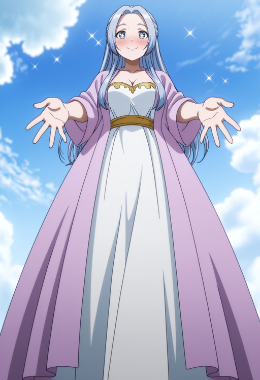 masterpiece, best quality, amazing quality, anime_screencap, anime_coloring, Sparkling eyes, shy smile, slight blush, KTMQueen, blue_hair, long_hair, blue_eyes, sidelocks, parted_bangs, half_updo, hair_intakes, forehead, solo,  QueenOutfit, cleavage, white_dress, purple_robe, open_robe, long_dress, strapless_dress, low-angle view, full body, from below, standing, clear blue skies, cloud, reaching towards viewer, <segment:girl's face,0.55,0.2//cid=11> Sparkling eyes, shy smile, slight blush, KTMQueen, blue_hair, long_hair, blue_eyes, sidelocks, parted_bangs, half_updo, hair_intakes, forehead,