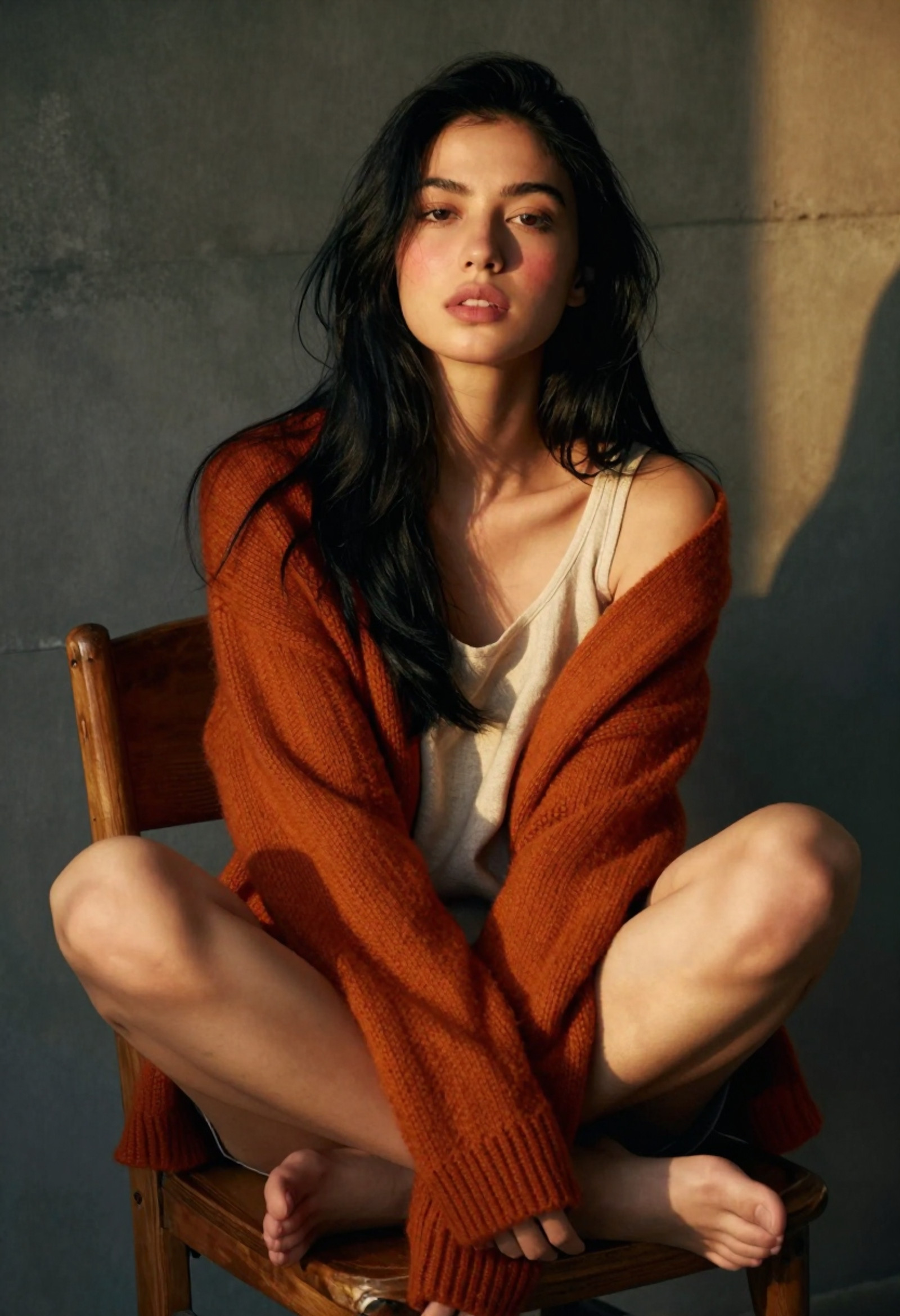 Ultra realistic portrait, (dreamy warm sunrise lighting:1.2), 8K hyperdetailed, color palette dominated by burgundy reds, olive greens, ochre yellows with accents of grayish blue, vintage aesthetic, young woman with (long straight raven-black hair:1.1) spilling over shoulders, wearing oversized burnt-orange knit cardigan with visible wool texture, loose cream-colored linen tank top underneath, sitting cross-legged on rustic wooden chair with visible grain, minimalist studio setting with dark textured concrete walls, casual relaxed pose with arms wrapped around bent knees, bare feet slightly visible, (sensual pensive expression with slightly parted lips:1.3), professional photography from 45-degree aerial perspective, soft directional lighting creating warm pools of light, cinematic shallow depth of field highlighting facial features, fabric textures and hair details, photorealistic skin with subtle pores and natural blush, intimate casual fashion portrait, Hasselblad medium format realism, morning golden hour atmosphere, ultra-high detail in knitwear stitches and wooden chair imperfections