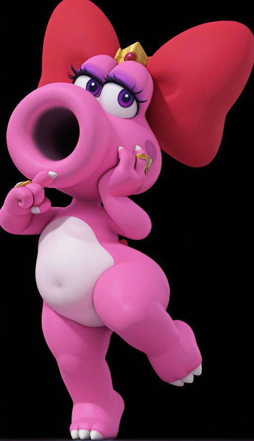 1girl, birdo (mario), anthropomorphic, pink skin, white belly, tubular mouth, large circular mouth opening, dark inner mouth, no nose, large purple eyes, thick eyelashes, wearing a giant red bow on head, wearing a large diamond ring on finger, posing, black background, 3d render style, masterpiece, high quality, chubby, Fat thighs, fat ass, smug face