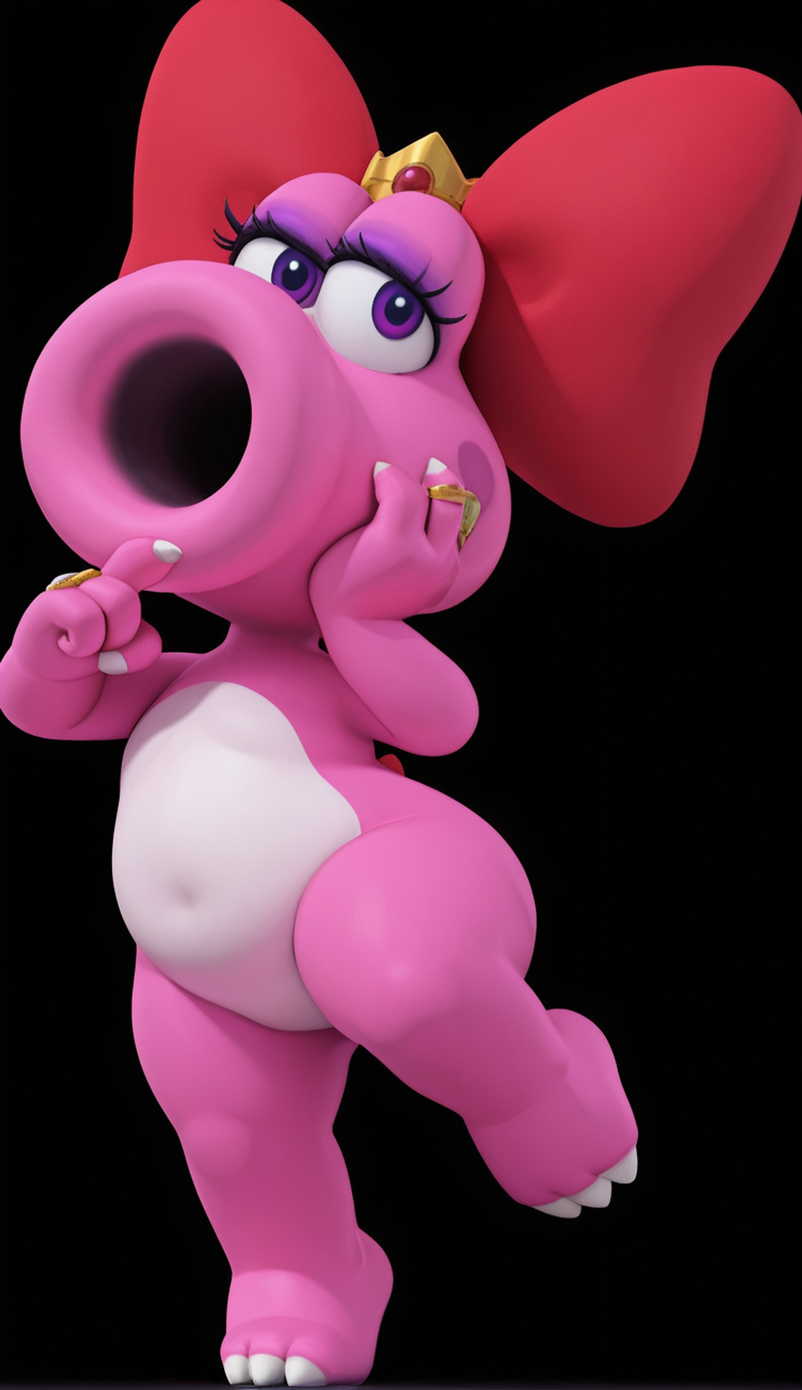 1girl, birdo (mario), anthropomorphic, pink skin, white belly, tubular mouth, large circular mouth opening, dark inner mouth, no nose, large purple eyes, thick eyelashes, wearing a giant red bow on head, wearing a large diamond ring on finger, posing, black background, 3d render style, masterpiece, high quality, chubby, Fat thighs, fat ass, smug face