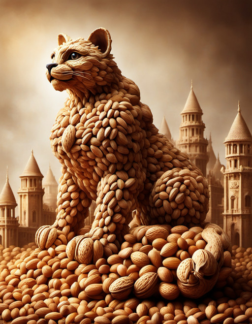 A surreal almond kaiju rising through golden dust above a miniature city of cashews and walnuts, its body sculpted from layered almond shells and cracked nutshells, dramatic cinematic light, smoky atmosphere, elegant monster silhouette, organic crunchy textures, refined fantasy realism, epic but playful composition, highly detailed, sharp focus
