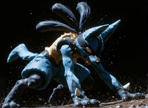 Epic, masterpiece, best quality, amazing quality, (depth of field), crdhrs2, 7481llu, large male Lucario, action, simple black background, 