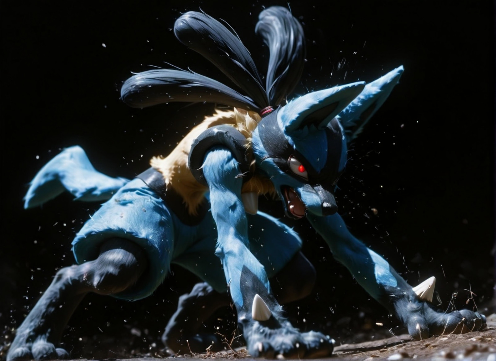 Epic, masterpiece, best quality, amazing quality, (depth of field), crdhrs2, 7481llu, large male Lucario, action, simple black background, 
