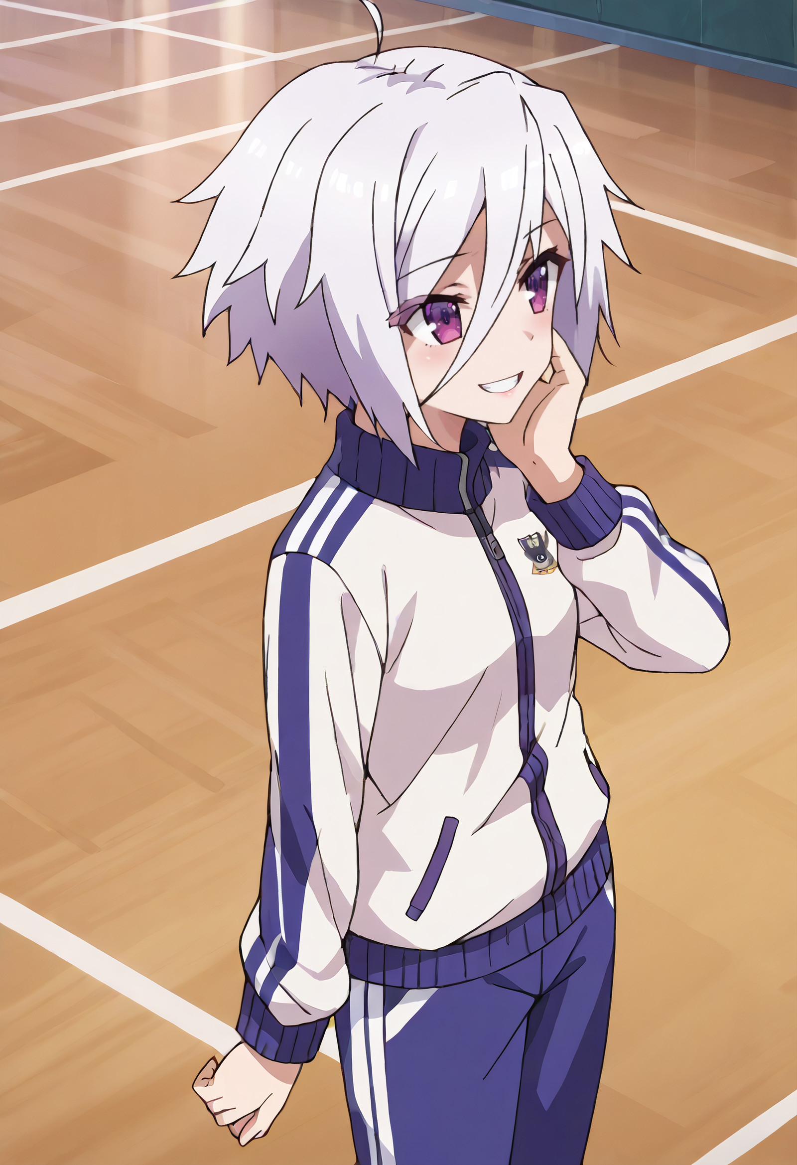    score_9, score_8_up, score_7_up, source_anime, anime_screencap, detailed_face, A gentle, wide grin, eyes full of admiration, hand on partner’s shoulder, TNMSayaka, short_hair, purple_eyes, white_hair, ahoge, hair_between_eyes,  solo, SayakaTracksuit, track_suit, track_jacket, jacket, pants, track_pants, long_sleeves, white_jacket, blue_pants,  leaning to side, from side, high-angle view, <segment:girl's face,0.55,0.2//cid=11> absurdres, masterpiece, detailed face, perfect face, correct face, perfect anatomy, accurate, sharp lines, beautiful, extremely detailed, source_anime, anime screencap, A gentle, wide grin, eyes full of admiration, hand on partner’s shoulder, TNMSayaka, short_hair, purple_eyes, white_hair, ahoge, hair_between_eyes, 