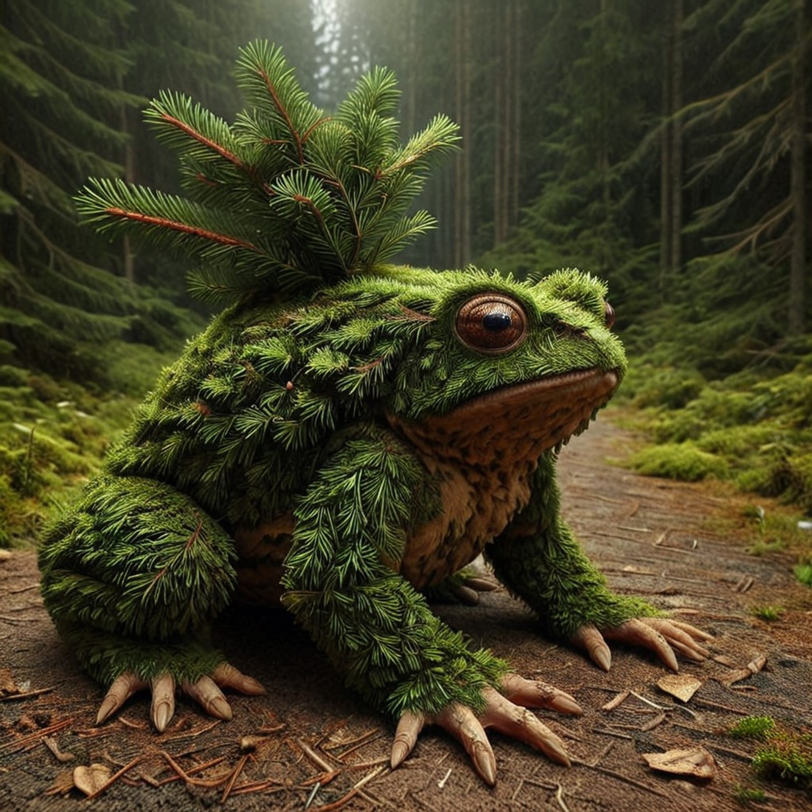 cinematic, h0rr0rstyl3, toad made out of fir needles on an empty surface, full body, digital art