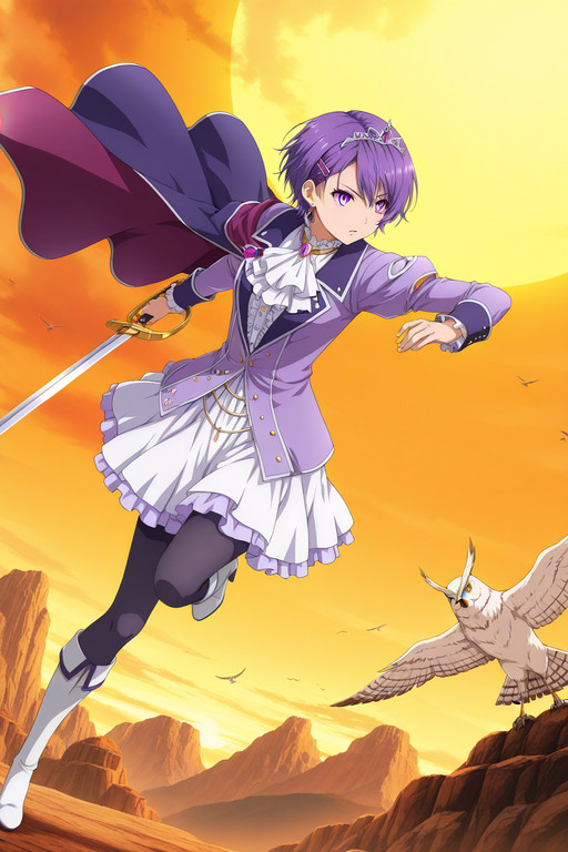 dynamic pose, fighting stance, 
 <lora:Klaudia-von-Auslese_lL_v01.1:1> klaudia-von-auslese, purple hair, purple eyes, short hair, hair ornament, hairclip, earrings, boots, high heel boots, jewelry, high heels, tiara, cape, earrings, white footwear, frills, pantyhose, dress, long sleeves, skirt, knee boots, center frills, ascot, brooch, purple cape, jacket, purple jacket
weapon, sword, holding weapon, holding, holding sword, bird, owl, (HDR), (intricate details), newest, (amazing quality:0.5), absurdres, highres, 8k resolution, film grain, soft lighting, anime, (anime screenshot:2, anime coloring:2), detailed background, 8k, masterpiece, best quality, very aesthetic
1girl, solo,