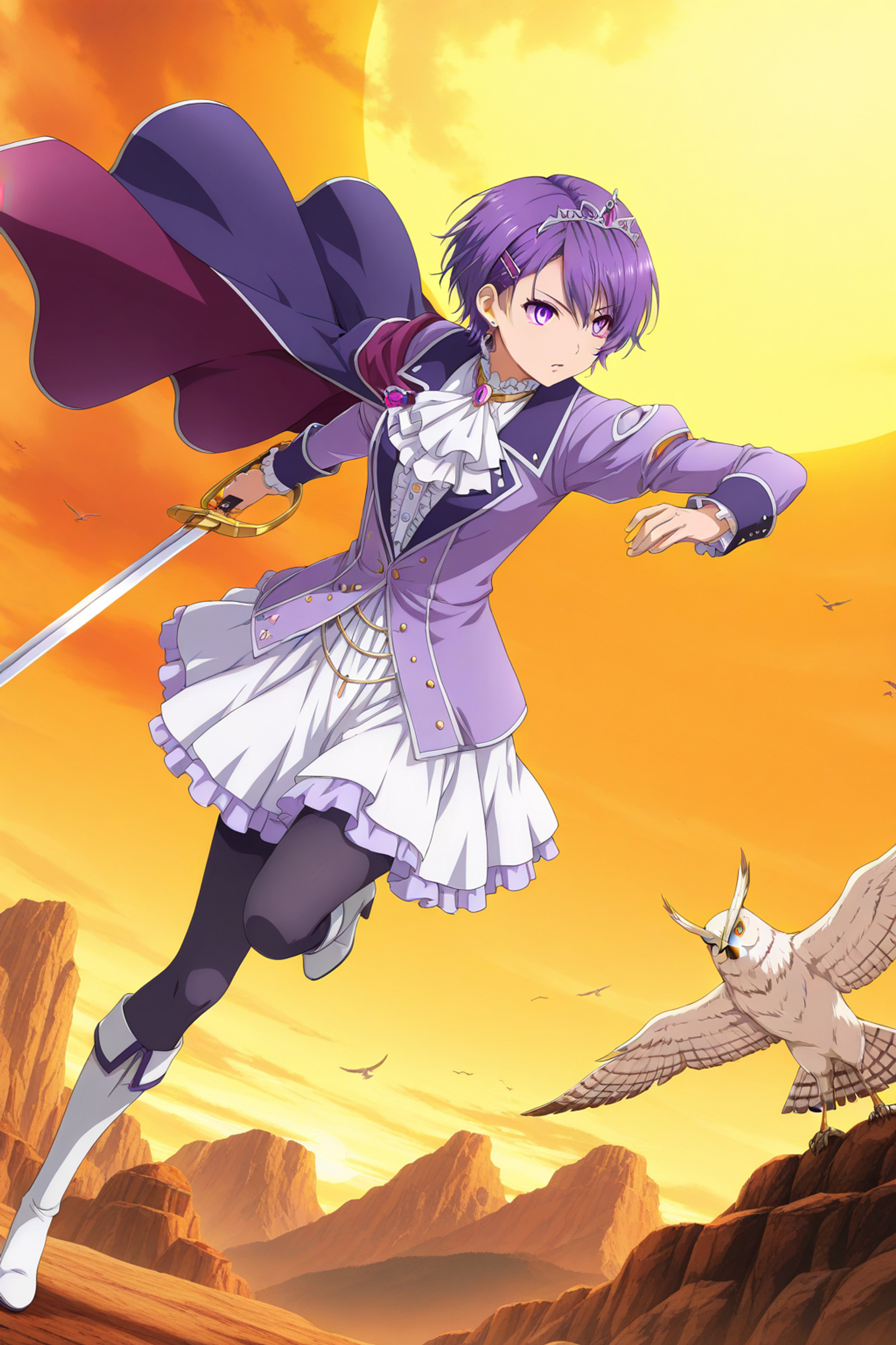 dynamic pose, fighting stance, 
 <lora:Klaudia-von-Auslese_lL_v01.1:1> klaudia-von-auslese, purple hair, purple eyes, short hair, hair ornament, hairclip, earrings, boots, high heel boots, jewelry, high heels, tiara, cape, earrings, white footwear, frills, pantyhose, dress, long sleeves, skirt, knee boots, center frills, ascot, brooch, purple cape, jacket, purple jacket
weapon, sword, holding weapon, holding, holding sword, bird, owl, (HDR), (intricate details), newest, (amazing quality:0.5), absurdres, highres, 8k resolution, film grain, soft lighting, anime, (anime screenshot:2, anime coloring:2), detailed background, 8k, masterpiece, best quality, very aesthetic
1girl, solo,