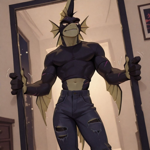 score_9, score_8_up, score_7_up, score_6_up, Best quality, high res, absurd res, ultra detailed, extremely detailed, absurdly detailed, insanely detailed, high resolution, wolfanine, depth of field, perfect background, detailed background, bedroom, warm lighting, dim lighting, night, gay, male, males only,black and white,sketch,traditional media,skeart BREAK Gill, fish, moorish idol, black, white and yellow banding skin, Mahogany Eyes, scars in face, long snout, fish tail, anthro, perfect face, handsome face, perfect anatomy, bara, muscular, lean, extremely tall, long legs, long arms, trim waist, tiny waist, slim waist, extremely narrow waist, standing, ripped jeans, contrapposto, standing in doorway, looking at viewer, seductive, motion lines      BREAK  Expressiveh, Dynamic positions, dynamic angle, dutch angle, Masterpiece, traditional, Excellent quality, clear, professional lighting, beautiful lighting,ScribbleRay