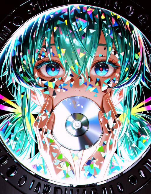 , (artist:ningen_mame:0.7), (artist:reoen:0.85), (nababa:0.3), (wanke:0.4), (modare:0.6), (wlop:0.6), (rei_(sanbonzakura):0.4), masterpiece, best quality, ultra-detailed, highres, sharp focus, cinematic lighting, 
1girl, solo, 
medium close-up, portrait, (entire face:2), 
holding a large transparent compact disc, CD placed over right eye, 
(CD hole aligned with right eye:1.4), eye showing through CD hole, clear CD with reflection, 
aqua hair, twintails, bangs, detailed blue eyes, gradient iris, eyelashes, 
fingers gripping CD edge, 
chromatic aberration, soft pastel lighting, iridescent light refraction, 
clean anime style, detailed shading, soft glow, 
no border, no watermark, no signature, masterpiece, best quality, amazing quality, highres, absurdres, newest, very awa, (mature woman), (mature, milf), (mature female)