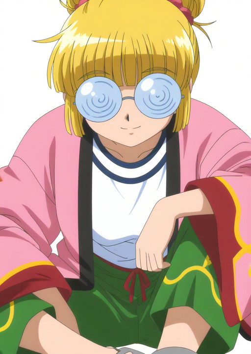 (anime coloring, masterpiece, retro anime style, 1990, best quality, newest, absurdres, highres, anime screencap, anime style, score_9, score_8_up, score_7_up, source anime, flat color, vibrant colors, finely detailed), (general, 1girl, solo, straight on, loose close-up, smile, sitting:1.5), (simple background, white background:1.5) BREAK
<lora:SDXL_Pirates_Coorie_v1:0.5> (sdxl-pirates-coorie, blonde hair, blunt bangs, glasses, no eyes, hair bun, single hair bun, round eyewear, coke-bottle glasses, coorie operator, japanese clothes, pink haori, long sleeves, white shirt, scrunchie, hair ornament, green pants, grey slippers)