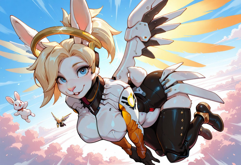 masterpiece, best quality, amazing quality,Mercy,blonde hair,blue eyes,mechanical wings,mechanical halo,high p
