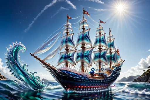 Imagine a humorous, artful Murano glass tableau capturing a grand Venetian sailing ship in a slightly undignified encounter with an overly theatrical octopus.

The ship is a miniature 17th-century galleon, its hull blown in deep ruby glass layered with threads of molten gold leaf that shimmer like sunset over the lagoon. Delicate filigree lines in ivory and cobalt trace the planks, while its billowing sails are formed from translucent milky opaline glass, faintly iridescent as if still catching a sea breeze. The masts are impossibly slender crystal rods, topped with tiny fluttering pennants in emerald and amber.

Emerging from a swirling base of sapphire and aquamarine glass waves, the octopus is less fearsome conqueror and more flamboyant lagoon diva. Its body glows in coral and rose tones flecked with aventurine sparkle, and its tentacles curl upward in exaggerated baroque spirals — more decorative than destructive. One tentacle gently “inspects” the ship’s bow as if critiquing craftsmanship; another lifts a tiny golden anchor with comic curiosity.

The sea itself is sculpted as a dramatic cresting wave, frozen mid-splash, with clear glass foam bubbling at the edges. Light passing through fractures into dancing prisms, making the ship appear to shimmer bravely while the octopus glows mischievously beneath.

The overall effect is playful rather than perilous — a jewel-bright Murano masterpiece where maritime heroism meets lagoon humor, and centuries of Venetian glass artistry wink knowingly at the viewer.