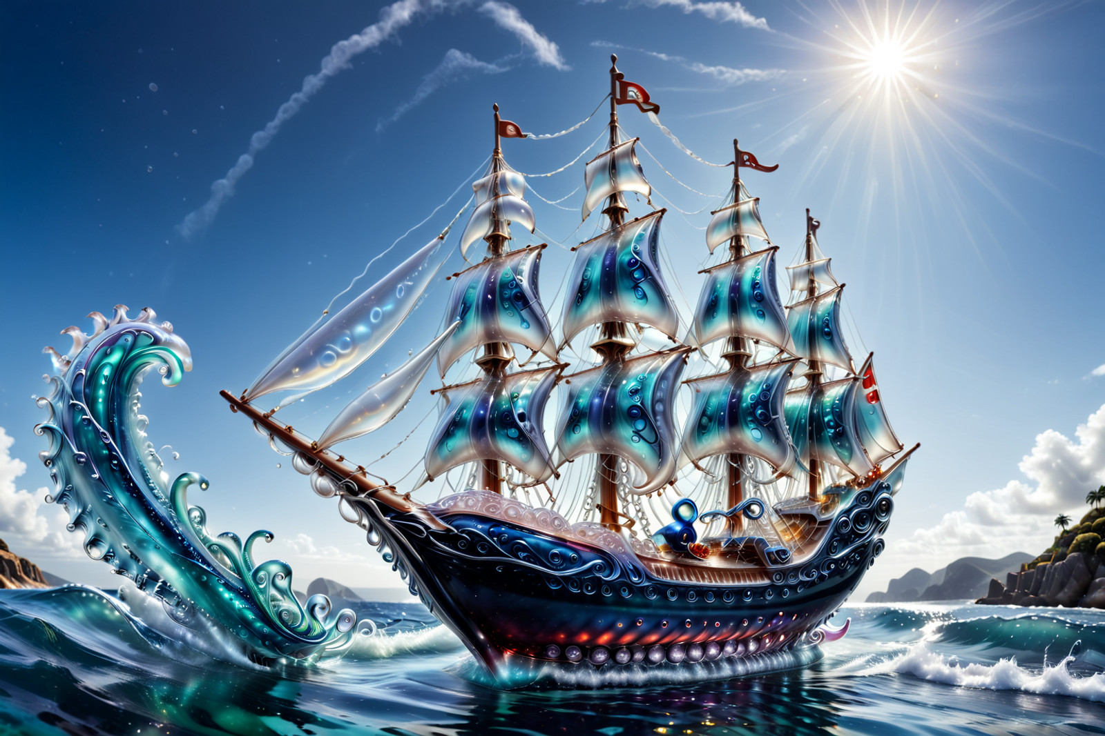 Imagine a humorous, artful Murano glass tableau capturing a grand Venetian sailing ship in a slightly undignified encounter with an overly theatrical octopus.

The ship is a miniature 17th-century galleon, its hull blown in deep ruby glass layered with threads of molten gold leaf that shimmer like sunset over the lagoon. Delicate filigree lines in ivory and cobalt trace the planks, while its billowing sails are formed from translucent milky opaline glass, faintly iridescent as if still catching a sea breeze. The masts are impossibly slender crystal rods, topped with tiny fluttering pennants in emerald and amber.

Emerging from a swirling base of sapphire and aquamarine glass waves, the octopus is less fearsome conqueror and more flamboyant lagoon diva. Its body glows in coral and rose tones flecked with aventurine sparkle, and its tentacles curl upward in exaggerated baroque spirals — more decorative than destructive. One tentacle gently “inspects” the ship’s bow as if critiquing craftsmanship; another lifts a tiny golden anchor with comic curiosity.

The sea itself is sculpted as a dramatic cresting wave, frozen mid-splash, with clear glass foam bubbling at the edges. Light passing through fractures into dancing prisms, making the ship appear to shimmer bravely while the octopus glows mischievously beneath.

The overall effect is playful rather than perilous — a jewel-bright Murano masterpiece where maritime heroism meets lagoon humor, and centuries of Venetian glass artistry wink knowingly at the viewer.