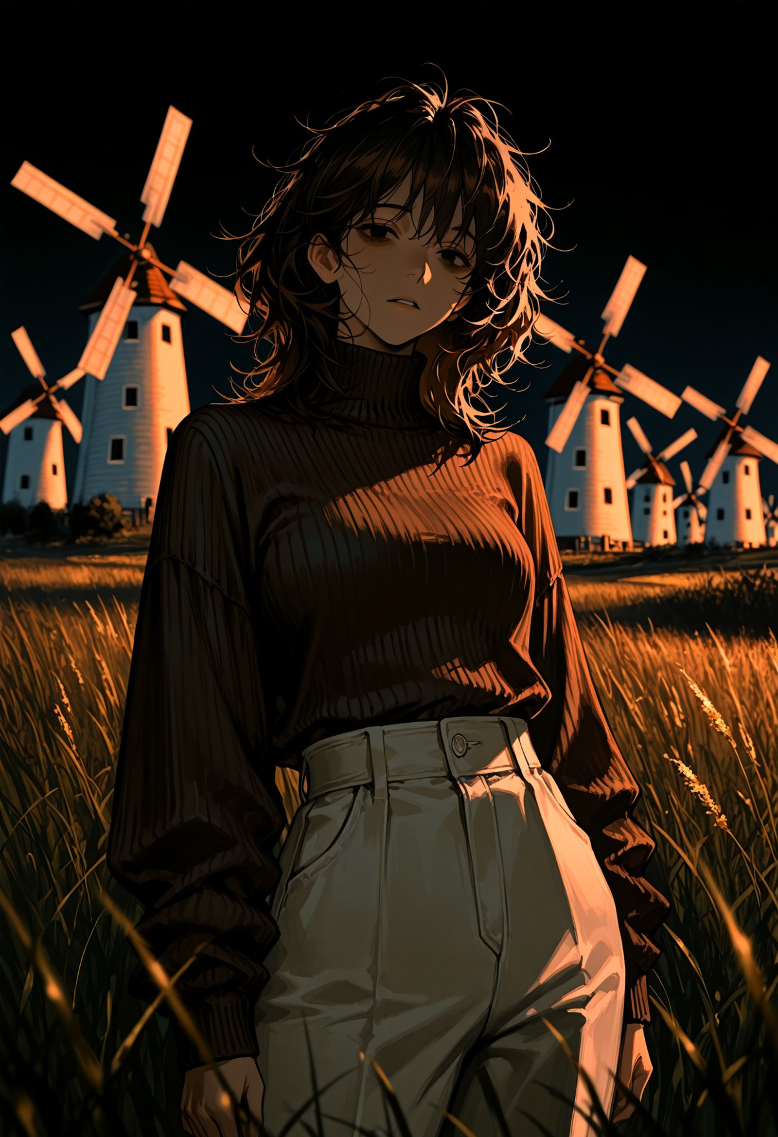 Art8st, masterpiece, best quality, 1girl, adult, mediium hair, messy hair, dark brown hair, black eyes, tired eyes, brown turtleneck sweater, ribbed collar, long sleeves, baggy white pants

liminal space, black sky, darkness, cold lighting, grass, isolated windmill in the distance, high contrast, depth of field, dynamic view