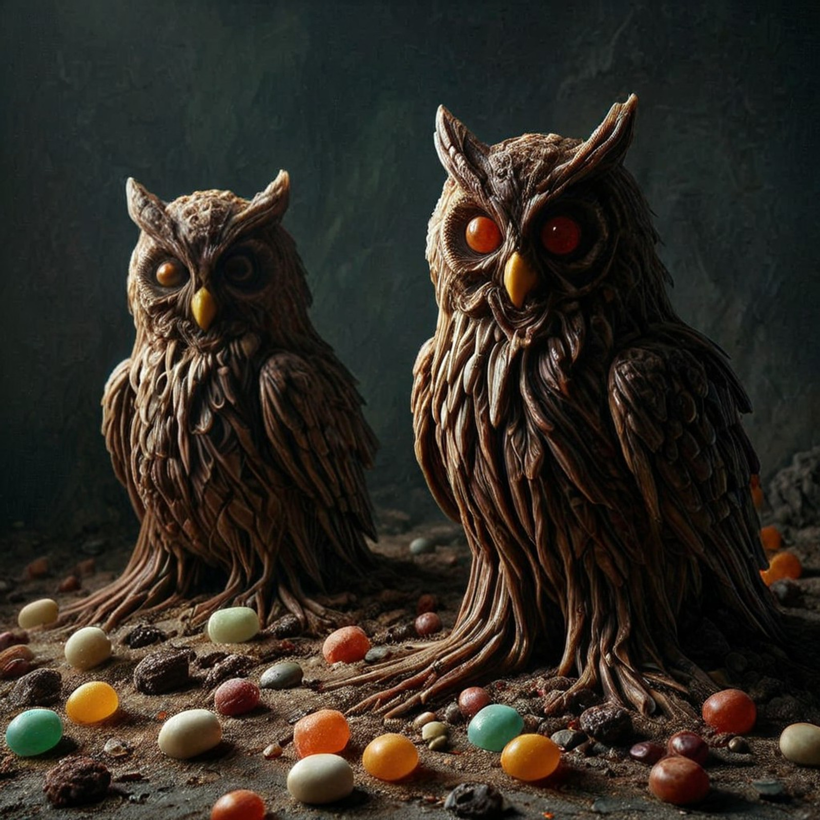 Stable_Yogis_PDXL_Positives, h0rr0rstyl3, masterpiece, best quality, amazing quality, very aesthetic, high resolution, ultra-detailed, absurdres, newest, eerie, stygical, gloomy, decay, haunting evil owl made of candy, full body, light and shadow background, chiaroscuro background, outdoors, science fiction,