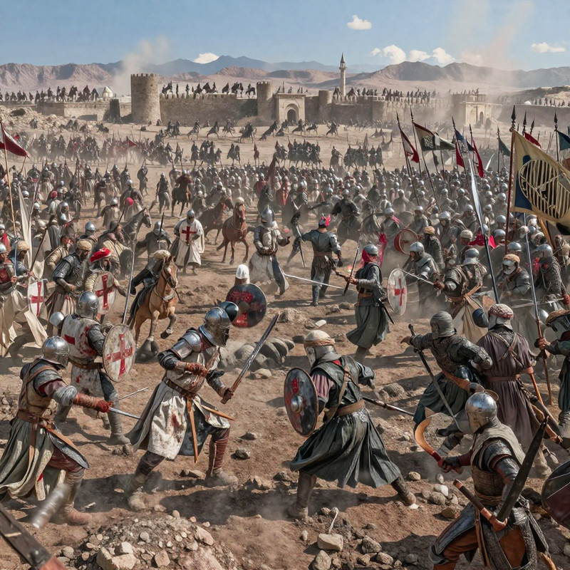Epic ultra realistic medieval battlefield during the Crusades, near Damascus, Syria, late 12th century, broad 