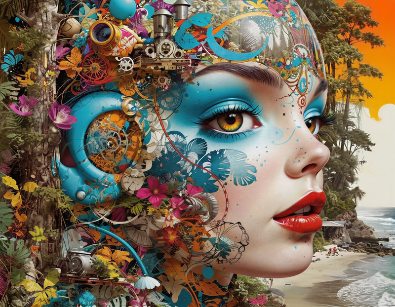 art by Tristan Eaton and Brian Kesinger, street art, grand Digital art, beach, Desperate Contemporary (Forest: