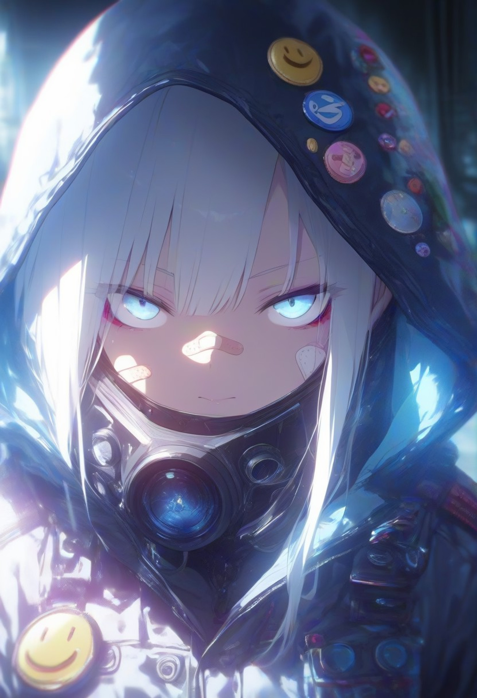y0sh1, masterpiece, best quality, amazing quality, very aesthetic, absurdres, newest, shading, cinematic lighting, dynamic composition, 1girl, solo, looking at viewer, bangs, blue eyes, jewelry, closed mouth, jacket, upper body, white hair, hood, makeup, mask, portrait, bandaid, hood up, bandaid on face, badge, bandaid on nose, colorful, button badge, smiley face <lora:Yolshv:1>