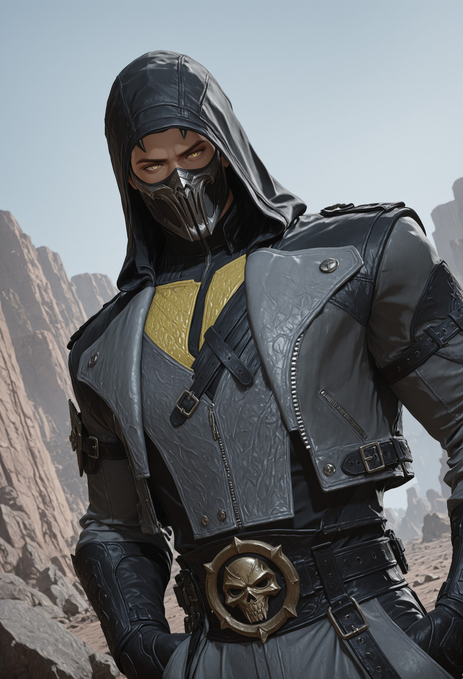 Scorpion_MK, muscular, Mortal Kombat, solo, looking at viewer, shirt, 1boy, gloves, jacket, upper body, yellow eyes, male focus, outdoors, sky, black gloves, day, belt, hood, black shirt, mask, black jacket,  cropped jacket, hand in pocket, grey jacket, rock, dutch angle, exterior, volcanic landscape, hellish underworld, 
male chest focus, gradient coloring, villain, leather ninja armor, ninja headwear, 
very awa, aesthetically pleasing, masterpiece, best quality, amazing quality, very aesthetic, perfect depth of field shot, 