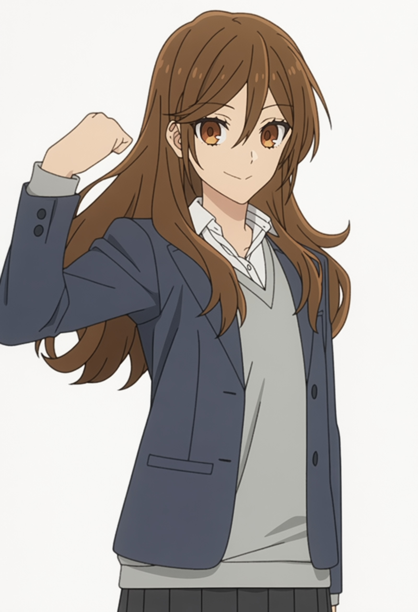 masterpiece, best quality, score_7, amazing quality,, cowboy shot, solo, looking at viewer, transparent background, simple background, white background, <lora:kyouko-hori-s2-anima-lora-nochekaiser:1>, kyouko hori, hori kyouko, long hair, bangs, brown hair, hair between eyes, brown eyes, mature female, small breasts, anime screencap, shirt, jacket, collared shirt, blazer, sweater, grey sweater, white shirt, black blazer, skirt, black skirt,, flexing, carousel, horses, music,