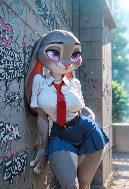 masterpiece, best quality, absurdres, highres, high quality, highly detailed, official art, 3d, amazing quality, detailed background, dramatic lighting, rim lighting, fill light, (bokeh:1.5)   ,
JudyHopps, solo, purple eyes,  thin waist, wide hips, furry female, bunny girl, bunny ears,  ears down, rabbit tail, ((ultra detailed fur:1.5)), Judy Hopps, thin waist, big rabbit tail, big detailed purple eyes, curious look, tilted head, shy smile BREAK   dynamic pose,  presenting, perfect huge breast, saggy breasts, long legs, white collared shirt, short sleeves, red pioneer tie, belt, blue skirt, school outfit, short skirt, leaning against a concrete wall full of graffiti, detailed background,blush, smile,   BREAK day, sun light, outdoors, 8k, UHD, HD, absurdres, masterpiece, intricate detail, highly detailed, fill light, cinematic lighting, photorealistic, g0th1c <lora:judyhopps-v3-Yiffy:0.2> <lora:incoth:0.5> <lora:AddMicroDetails_NoobAI:0.5>