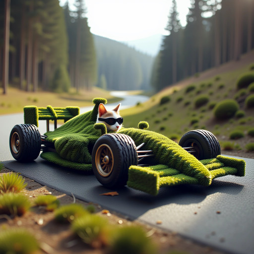 Photo of a formula 1 racing car made out of fir needles. A cat with racing goggle is driving it on the race track. <lora:fir-needles-flux-v1:1.0> <lora:civitaiLogoFlux:1.0>
