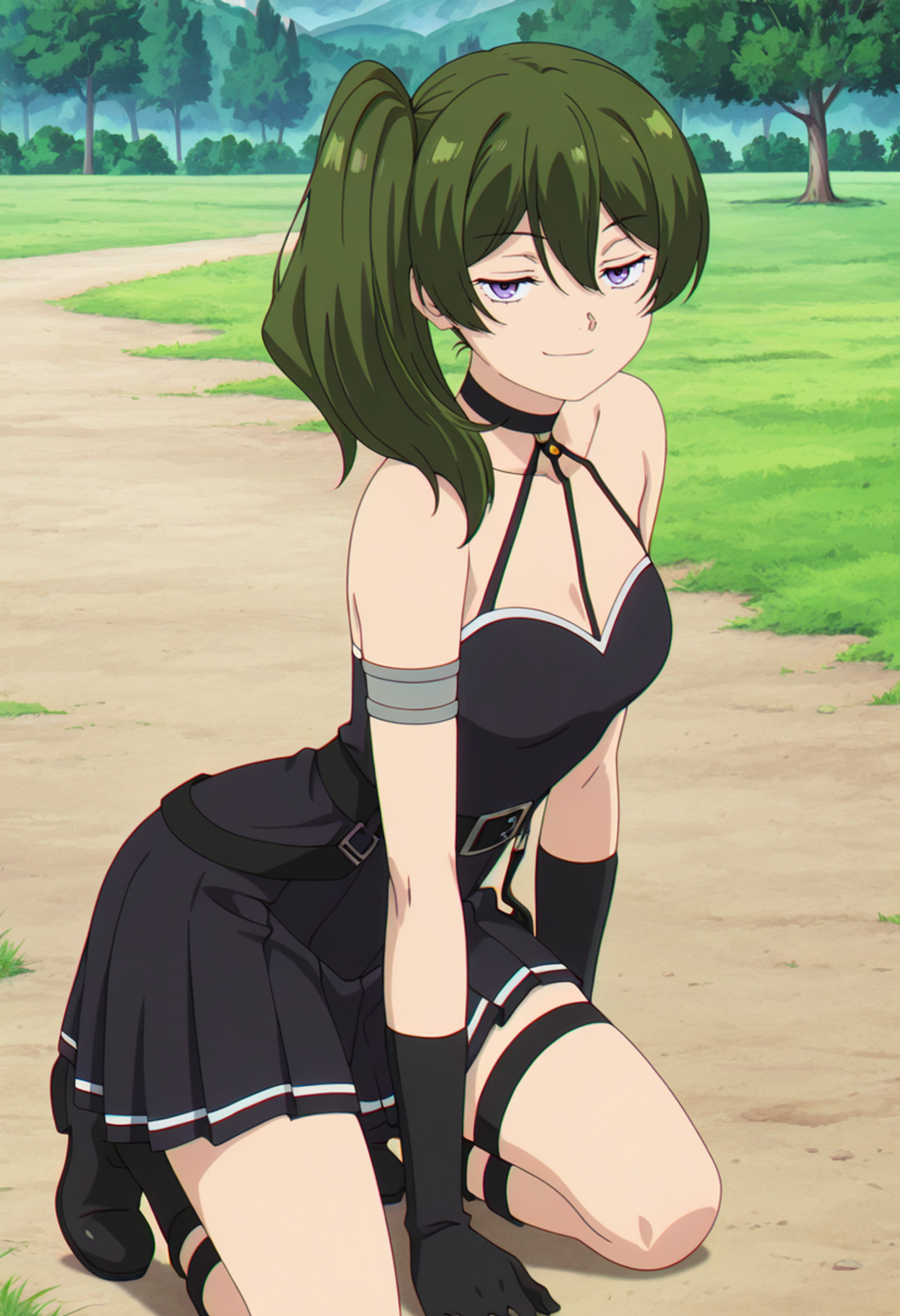 masterpiece, best quality, amazing quality, looking at viewer, official style, source anime, anime style, anime screencap, day, outdoors,  <lora:Ubel_Sousou_no_Frieren:1> ubelsof, solo, 1girl, long hair, side ponytail, green hair, purple eyes, bare shoulders, breasts, black dress, pleated dress, black gloves, choker, belt, thigh strap, boots, black footwear, smirk, arched back, on ground