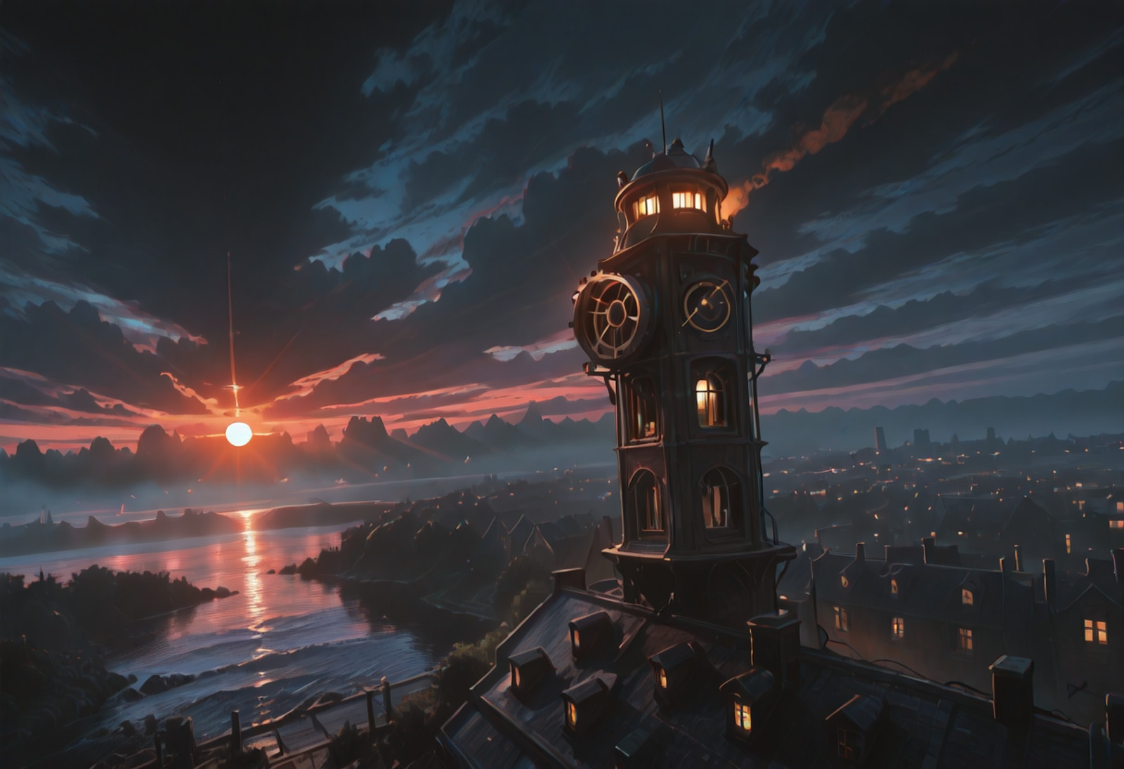 BREAK: very awa, aesthetically pleasing, masterpiece, best quality, high contrast, Clean Composition, dynamic lighting, exterior, vivid colors, photographic realism, dark picture, 
rooftop view, atmospheric haze, smog, fog, nature, dreary, gritty, night, overcast, 
BREAK:
<lora:DisBac_(Background)_(Illustrious)_(AD):1.25> DisBac, steampunk, city,  <lora:BSS_Visual Enhancer Slider:0.85>, <lora:Dramatic Lighting Slider:4>, <lora:AddMicroDetails_Illustrious:0.6> addmicrodetails, <lora:Modern_anime_render:0.15>,
n'ei, chiaroscuro, very awe, aesthetically pleasing, masterpiece, best quality, absurd details, dutch angle, wide shot, no humans,
river, sea, brick buildings, industry, steampunk style buildings, city, dramatic landscape, 
BREAK: lazypos,