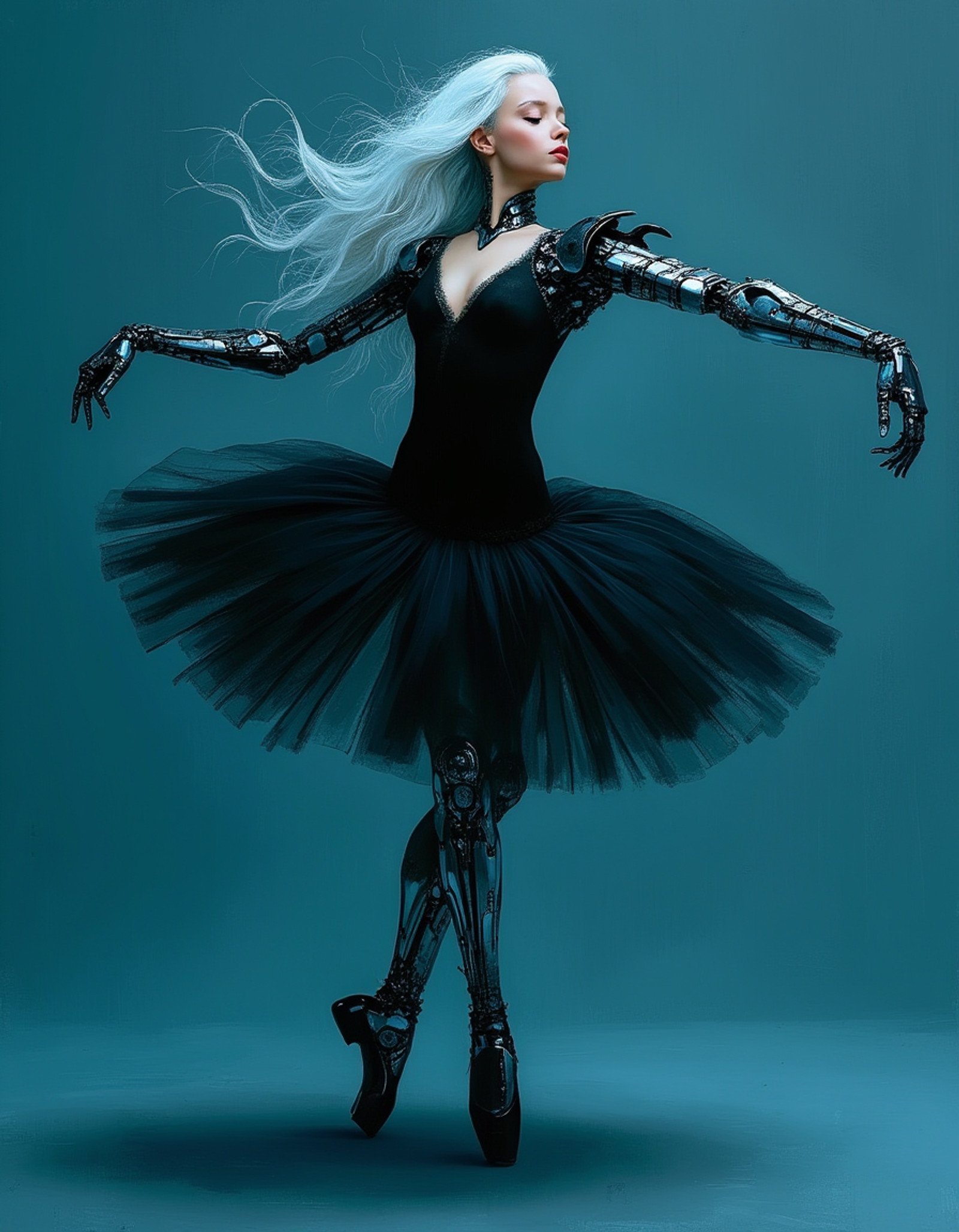 cinematic still Minimalist painting of a young teen cyborg ballet dancer by Albert Lynch, Abbott Handerson Thayer, highly detail, best quality, sci-fi, mechanical joints, mechanical arms, hands, and legs,  black tight bodysuit, black tutu, dark blue outline, dynamic balletic pose, black point shoes, dark blue outline, innocent, serene, white skin, pale skin, blue eyes, long flowing white hair, red lips, petite body, ultra detailed, romantic, Rembrandt lighting, brush strokes, warm light, magic, extremely coherent, cute, beautiful, cinematic, stunning, creative, positive, cheerful, unique, cool, inspiring, pure, rational, very inspirational, friendly, thought, glowing, magical, perfect, intricate, wonderful, lovely, del1cate_balance style, in the style of Rembrandt. vantablack <lora:style_of_Rembrandt_FLUX_135:.8> <lora:- Flux1 - vanta_black_V2.0:.8>  <lora:Delicate_Balance:.3> <lora:neeeg_f1:-1>