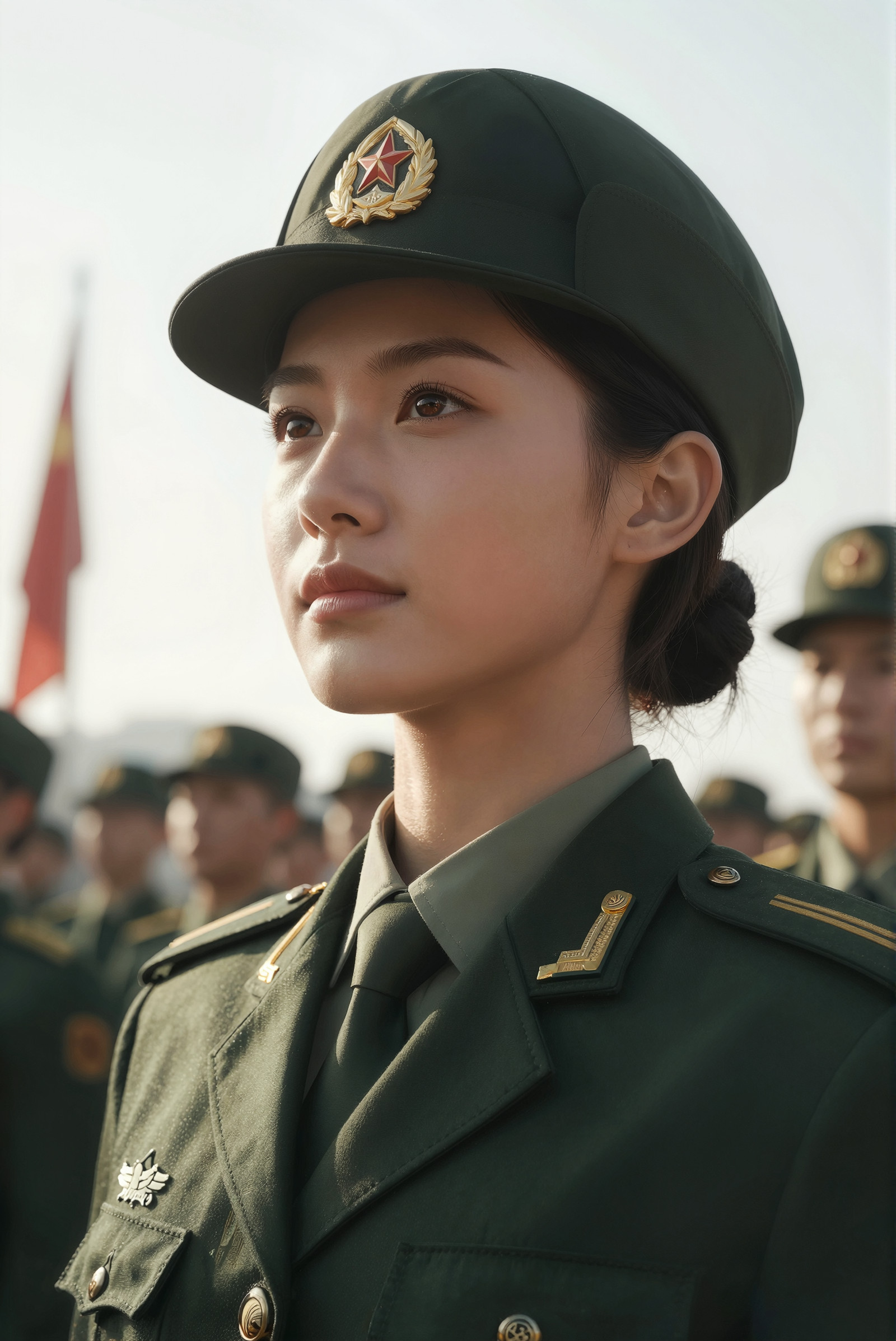 Ultraârealistic portrait of a 21âyearâold Chinese woman, visible from the chest up, marching in a grand military parade, seen from a dramatic lowâangle shot. The camera looks upward, giving her a heroic, monumental presence. She wears a crisp oliveâgreen Chinese military uniform, perfectly fitted, with a peaked cap casting a sharp shadow over her determined eyes. Sunlight creates a bright halo behind her.
Facial details:
â Eyes: almond-shaped, slightly elongated, warm dark-brown irises with golden flecks, gaze intense and forward.
â Eyebrows: straight, slightly thick, subtly angled by the lowâangle perspective.
â Nose: straight and refined, slightly emphasized by the upward view.
â Cheekbones: high, catching the strong sunlight.
â Jawline: smooth, appearing more defined due to the angle.
â Chin: gently pointed.
â Mouth: full natural lips, firm and disciplined.
â Skin: warm beige tone, natural matte finish.
â Hair: straight black hair tied into a tight low bun.
Background shows towering flags, formations of soldiers, and bright sky. Aesthetic: hyperârealistic 8K, heroic military imagery, monumental presence, cinematic lowâangle composition.
85mm f/11 clarity photorealistic quality, professional cinematography, directional lighting with sharp dramatic shadows