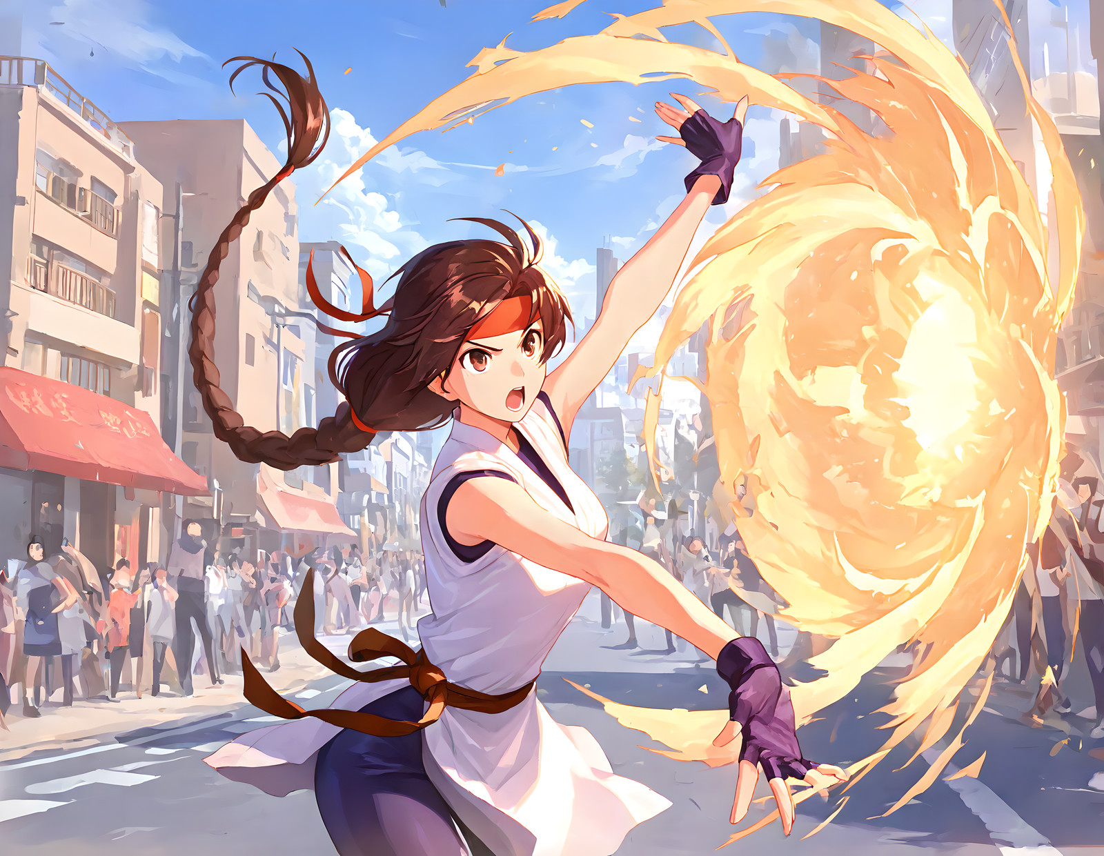 <lora:haohshokokenpixai:0.9>,haohshokoken,<lora:illustrious_XL_sakazaki_h13a:0.9>,sakazaki,masterpiece,best quality,good quality,1girl,solo,day,sky,street,audience,outstretched arms,energy,stick out both hands,open hands,cowboy_shot,serious,open mouth,