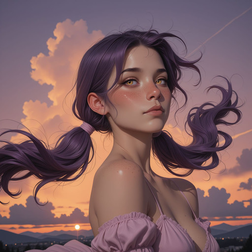 Illustration, HDR, 8K, masterpiece, best quality, amazing quality, very aesthetic,  
(realistic:1), (flat color:1.8), (haiz_ai:1), (no lineart:1), (no outline:1), (Flat vector:1), eye_focus, close-up,
(artist:incase:0.5), solo, 1girl, mature_female, petite, large_breasts, purple hair, twintails, yellow eyes, bare shoulders, freckles, gown, , flowing dress, blush, blush, looking_to_the_side, flirting,, floating hair, wind, clouds, dynamic angle, high contrast, soft colors, bright colors, detailed background, depth of field, volumetric lighting, cinematic lighting, cinematic atmosphere, deep photo, sunset, saturared_background