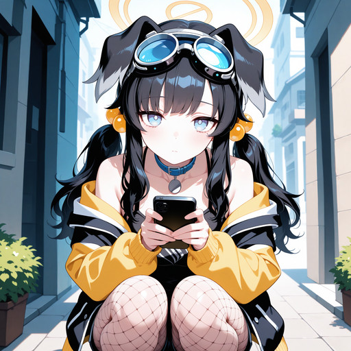 (masterpiece, best quality:1.2), (vibrant colors:1.1),(flat color:1.1), 
scenery, outdoors, squatting, looking at viewer, holding smartphone, alleyway, daylight, casual pose, depth of field,
nzh, 1girl, solo, under-eye bags, long hair, bangs, black hair, hair ornament, twintails, jacket, shorts, fishnet pantyhose, collar, hair bobbles, goggles, fishnets, goggles on head, 
<lora:Hibiki_v1-000008:0.8>