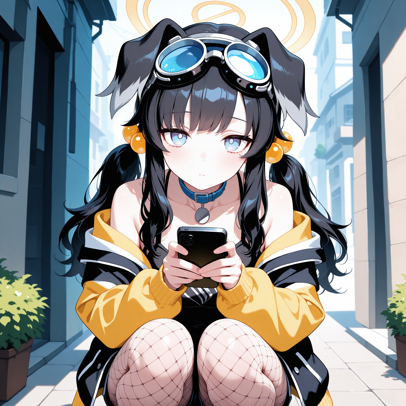 (masterpiece, best quality:1.2), (vibrant colors:1.1),(flat color:1.1), 
scenery, outdoors, squatting, looking at viewer, holding smartphone, alleyway, daylight, casual pose, depth of field,
nzh, 1girl, solo, under-eye bags, long hair, bangs, black hair, hair ornament, twintails, jacket, shorts, fishnet pantyhose, collar, hair bobbles, goggles, fishnets, goggles on head, 
<lora:Hibiki_v1-000008:0.8>