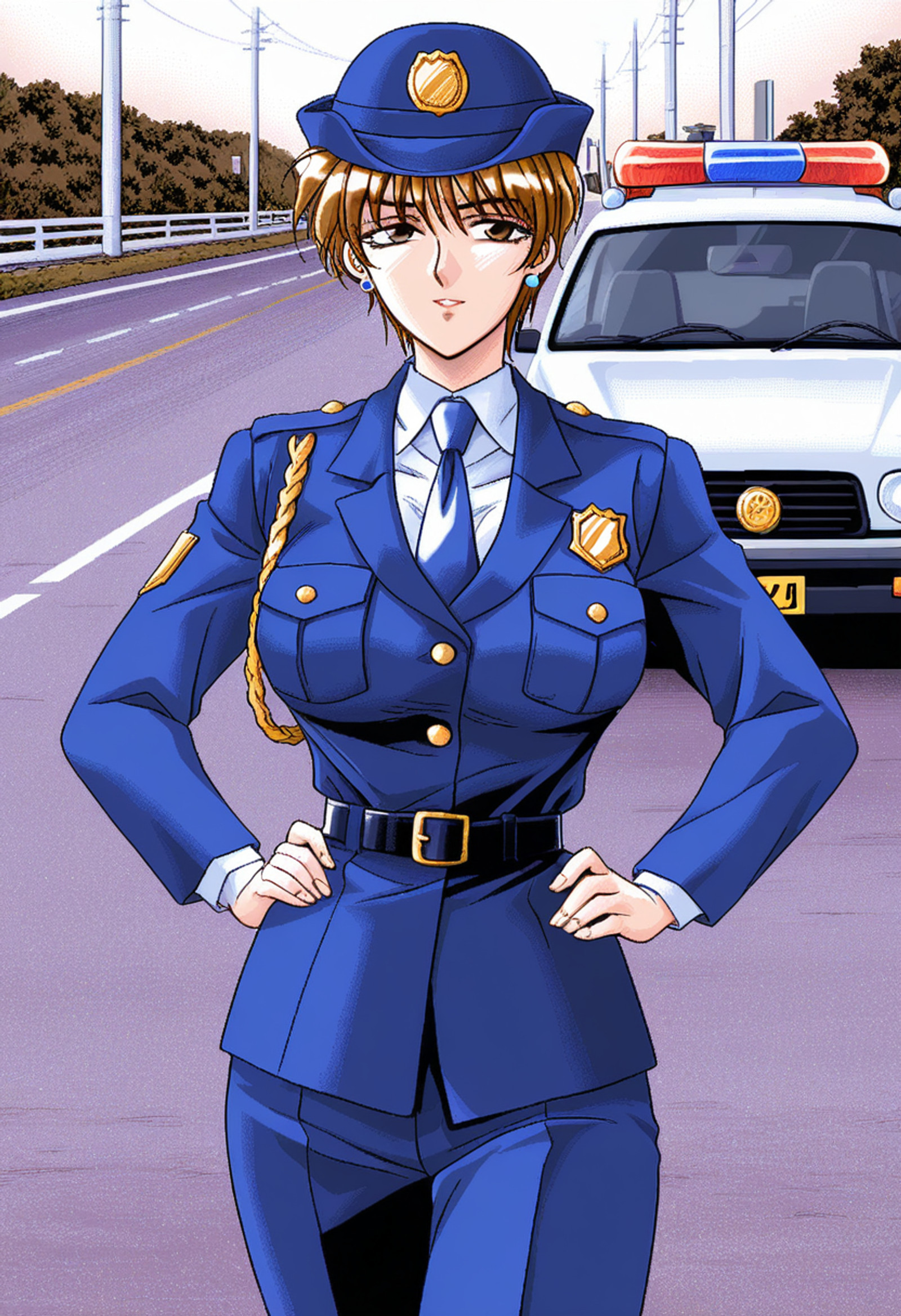 masterpiece,best quality,amazing quality,izyi ASnH,izyiASnH Coloring,izyiAsamiMariko,1girl,solo,brown hair,short hair,brown eyes,earrings,jewelry,large breasts,police hat,police uniform,policewoman,necktie,aiguillette,hands on own hips,police car,road,ground vehicle,<lora:izyi ASnHv1.00:1>,