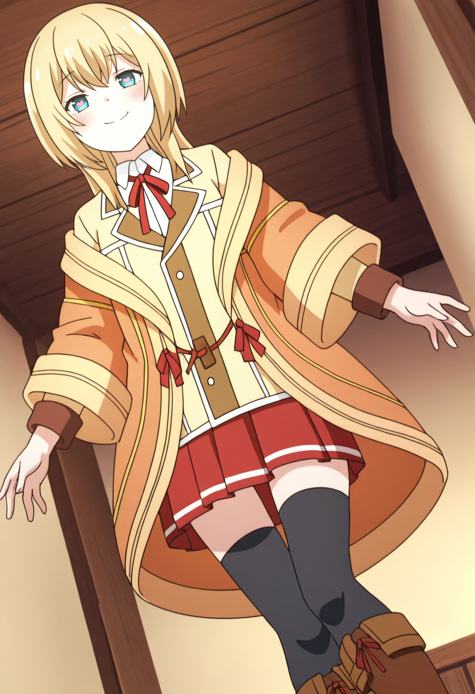    masterpiece, best quality, amazing quality, anime_screencap, Heart-shaped pupils, loving gaze, small smile, SNSLurie, blonde_hair, long_hair, blue_eyes, hair_between_eyes, sidelocks,  solo, LurieOutfit, orange_jacket, white_shirt, collared_shirt, red_ribbon, ribbon, neck_ribbon, school_uniform, off_shoulder, long_sleeves, open_clothes, red_bow, red_skirt, pleated_skirt, bow, blazer, miniskirt, brown_footwear, boots, black_thighhighs, open_jacket, zettai_ryouiki, knee_boots, buttons, yellow_cardigan, red_bowtie, wide_sleeves,  from below, front view, low-angle view, <segment:girl's face,0.55,0.2//cid=11> Heart-shaped pupils, loving gaze, small smile, SNSLurie, blonde_hair, long_hair, blue_eyes, hair_between_eyes, sidelocks, 