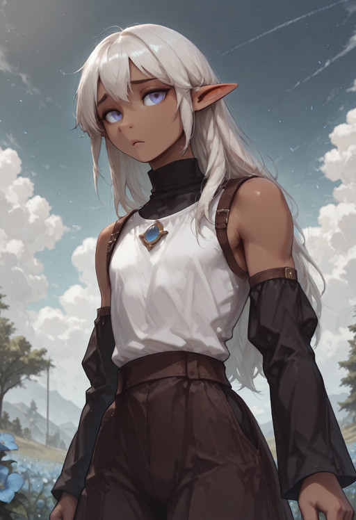 1 girl, ((solo)), androgynous, (Lapanya), ((3-fingers-1-thumb)):1.2, pointy ears, Garial, blue eyes, athletic body type, black detached sleeves, white tunic, brown shoulder straps,simple top, pretty, gold brooch, oval brooch, blue gemstone,
Neutral expression, raised eyebrows, sidelong glance, looking at viewer,
(Close up),
Outdoors background, sky, clouds,  trees, blue flowers,
clean lines, high quality, best quality, masterpiece, ((detailed fingers, perfect fingers, perfect nostrils)), rating: safe,