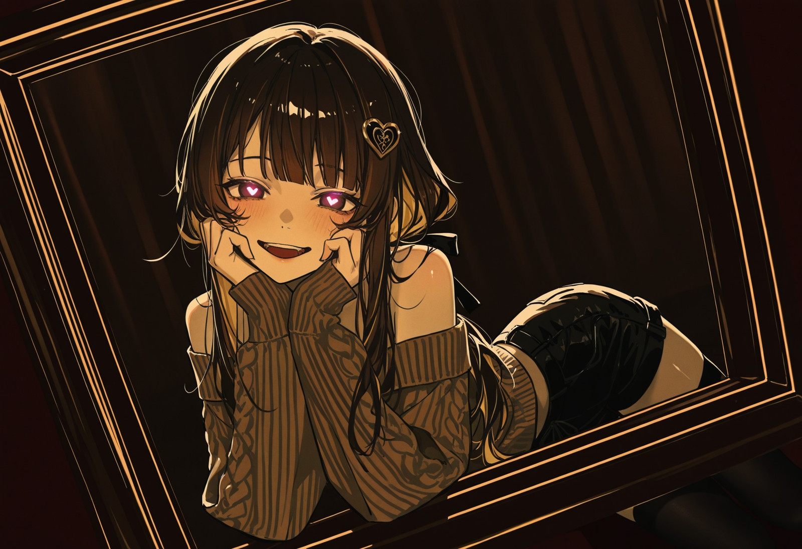 masterpiece, best quality, ultra-detailed, absurdres, year 2025, safe, @[akipeko:dino \(dinoartforame\):akipeko:0.3,0.65], painterly, film grain, 1girl, solo
(slim elegant body:1.1), smooth pale skin, youthful feminine face, calm amber eyes, soft glossy lips, refined anime beauty,
lazypos, Gl9w, flat color, 
(layered hair:1.4), (dark espresso-brown bangs:1.4), dark espresso-brown outer hair, dark espresso-brown outer bangs, dark espresso-brown bangs, dark espresso-brown side bangs, dark espresso-brown front hair , champagne-blonde inner hair, champagne-blonde inner hair layer, smooth silky texture, straight hair, low ponytail, ponytail  shoulder line, sleek gathered hair, clear forehead, long side bangs framing face, ark espresso-brown side bangs, soft inward-curving side locks, silky straight ponytail after tie, glossy flowing hair, ponytail always behind head,

(single black ribbon ornament:1.2), minimal noble accessory, hidden tie placement, understated elegance

oversized off-shoulder knit sweater, fitted shorts, black thighhigh socks, soft modern fashion aesthetic, cozy elegant vibe.



BREAK .


<lora:yandere-trance-illustriousxl-lora-nochekaiser:1>, yandere trance, yandere, hands on own cheeks, hands on own face, crazy eyes, crazy smile, crazy, heart-shaped pupils, glowing eyes, symbol-shaped pupils, hand on own face, open mouth, glowing, blush, looking at viewer,

(dynamic pose:1.3),(dynamic angle:1.3), line art, 1 arm holding the back of her head. (1 arm holding the back of her head.:1.3),
