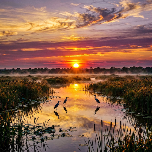 A breathtaking sunset over winding wetlands, where the sky ignites in layered bands of molten gold, fiery orange, deep magenta, and soft violet. The sun, a perfect radiant sphere, sits just above a distant tree line, casting long reflections across narrow, meandering water channels. Silhouettes of egrets and herons stand motionless in the shallows. The wetlands are lush with cattails and water lilies, their edges rimmed with warm backlight. Above, thin, wispy clouds catch the last light, resembling brushstrokes of fire. The atmosphere is calm yet electric, with a gentle mist rising from the warm water. Overall mood is serene and majestic, emphasizing the rich color gradient and the mirror-like quality of the still water.
