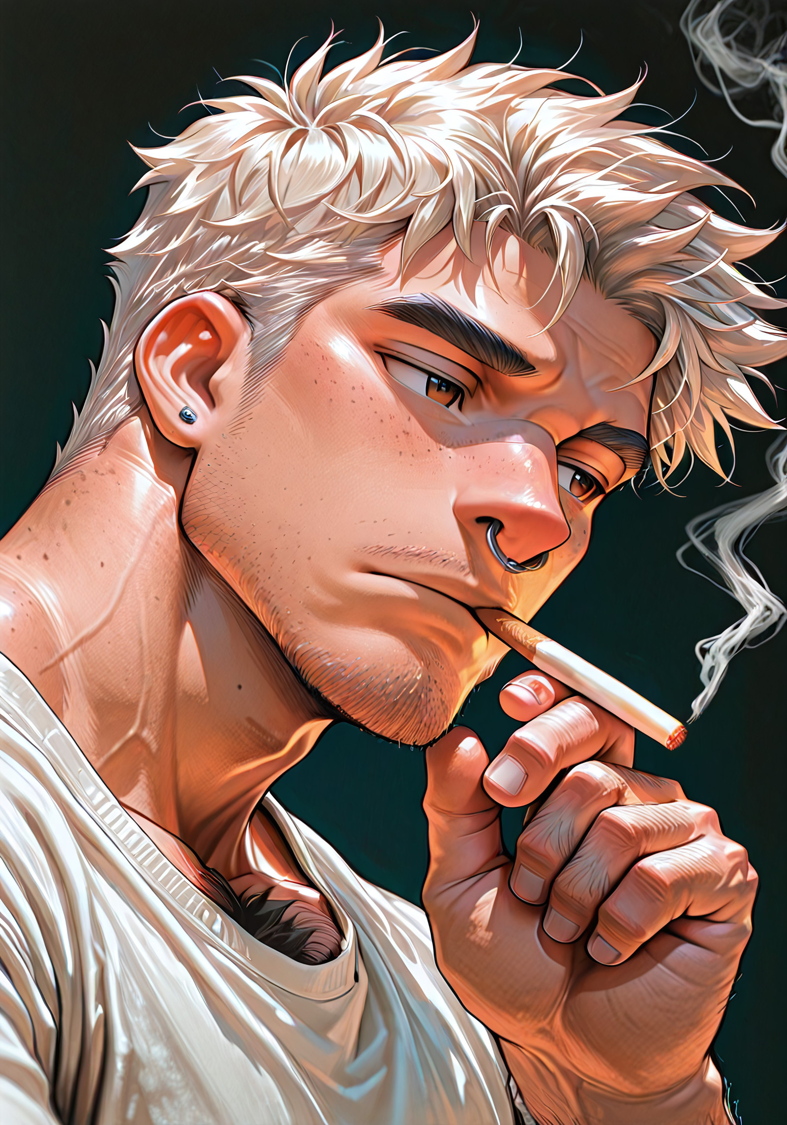lazypos, masterpiece, best quality, amazing quality, very aesthetic, absurdres, newest, 1boy, solo, male focus, portrait, close up, dynamic angle, short hair, platinum blonde hair, dark freckles, brown eyes, looking away, confident, quiet, soft gaze, strong jawline, stubble, nose ring, septum piercing, front lighting, smoking, cigarette, smoke, dark background, minimal background, large hands, veiny hands, arm hair, chest hair, loose shirt, depth of field, vanishing point, arresting presence, rugged, Nijir3tro, NijiDetl, addmicrodetails