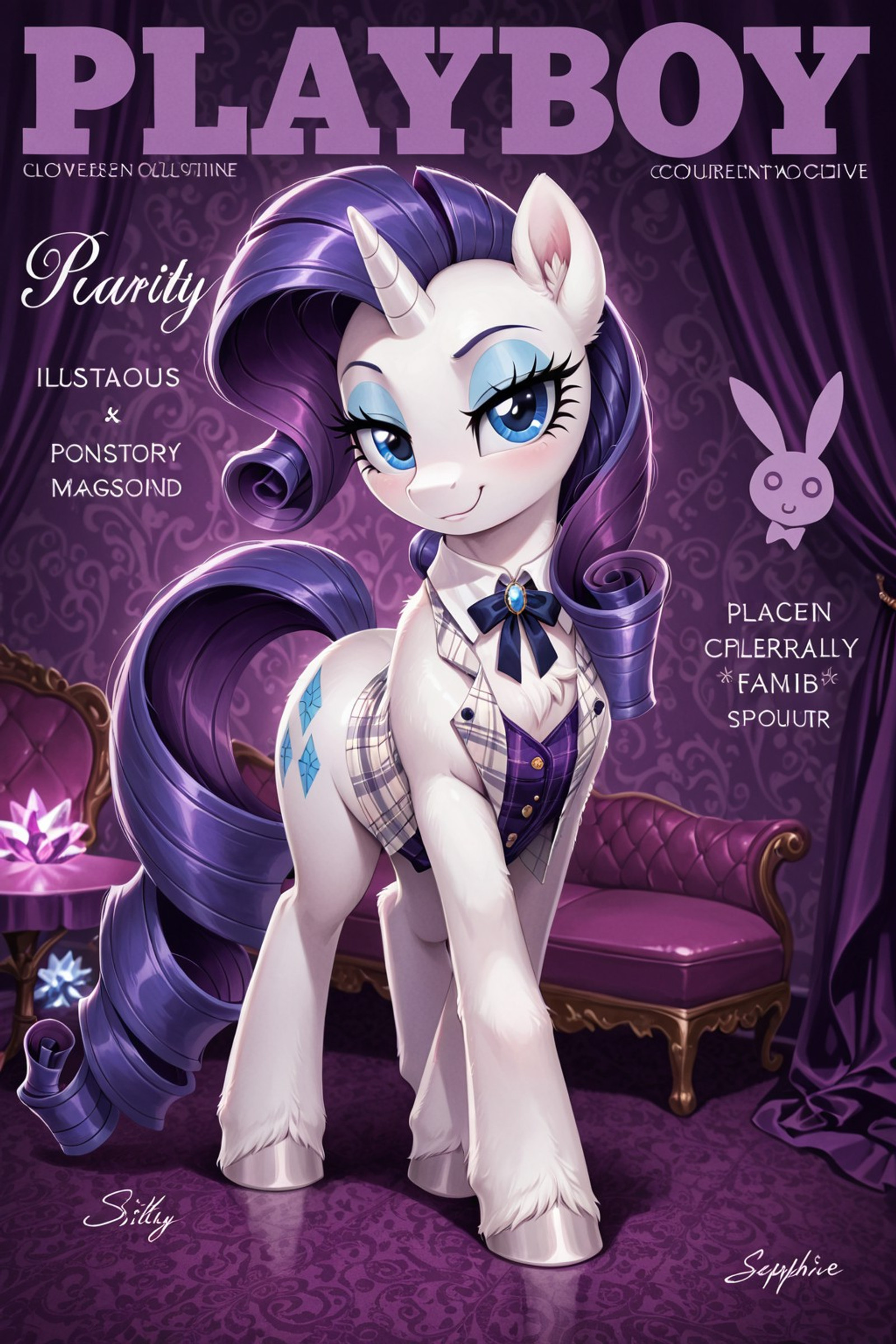 (masterpiece, best quality, amazing quality, very aesthetic, absurdres, newest),
(Rarity:1.4), My Little Pony, unicorn pony, non-anthro, elegant white coat, luxurious curled purple mane, extra long curled tail, sapphire blue eyes, glamorous eyelashes, refined feminine expression, glossy fur, polished hooves,
Playboy magazine cover parody, fashion model photoshoot, center composition, standing pose, looking at viewer, playful confident smirk, classy pinup aesthetic, elegant posture, stylish magazine typography, collector’s edition cover, signature logo, decorative fashion text,
(purple plaid corset vest:1.2), tailored plaid fashion outfit, white collar, gemstone neck ribbon, boutique couture fashion, stylish preppy aesthetic, form-fitting vest, fashionable pony styling,
luxurious purple lounge, silky satin fabric, velvet couch, elegant curtains, soft ambient lighting, boutique dressing room atmosphere, glamorous fashion studio, gemstone decorations, sophisticated background,
soft cinematic lighting, purple ambient glow, rim lighting, volumetric lighting, depth of field, ultra detailed fur texture, detailed mane strands, smooth shading, polished reflections, sharp focus, studio-quality rendering, illustration art style, elegant color harmony,